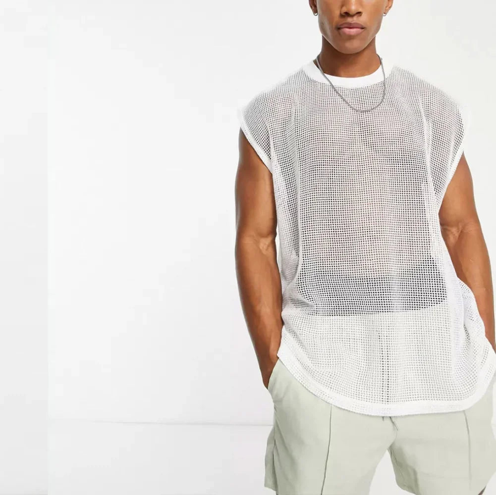Mesh See-Through Sleeveless Loose T-Shirt in sheer mesh fabric for a trendy summer look.