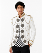White military-style festival jacket featuring silver star embellishments, decorative chains, and gold-tone studs.