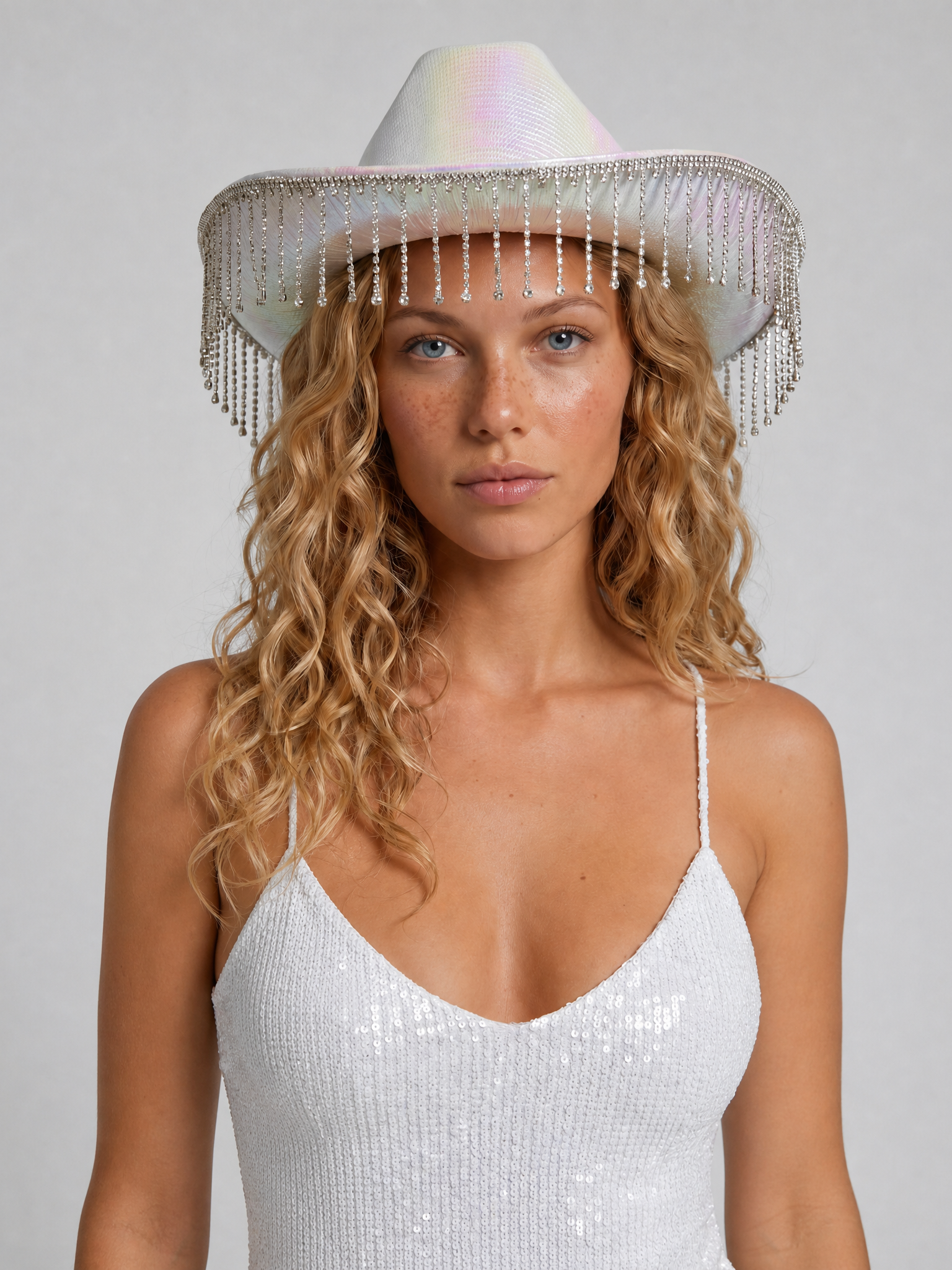 White rhinestone cowgirl hat with iridescent brim and silver fringe, worn by a woman with blonde curly hair.