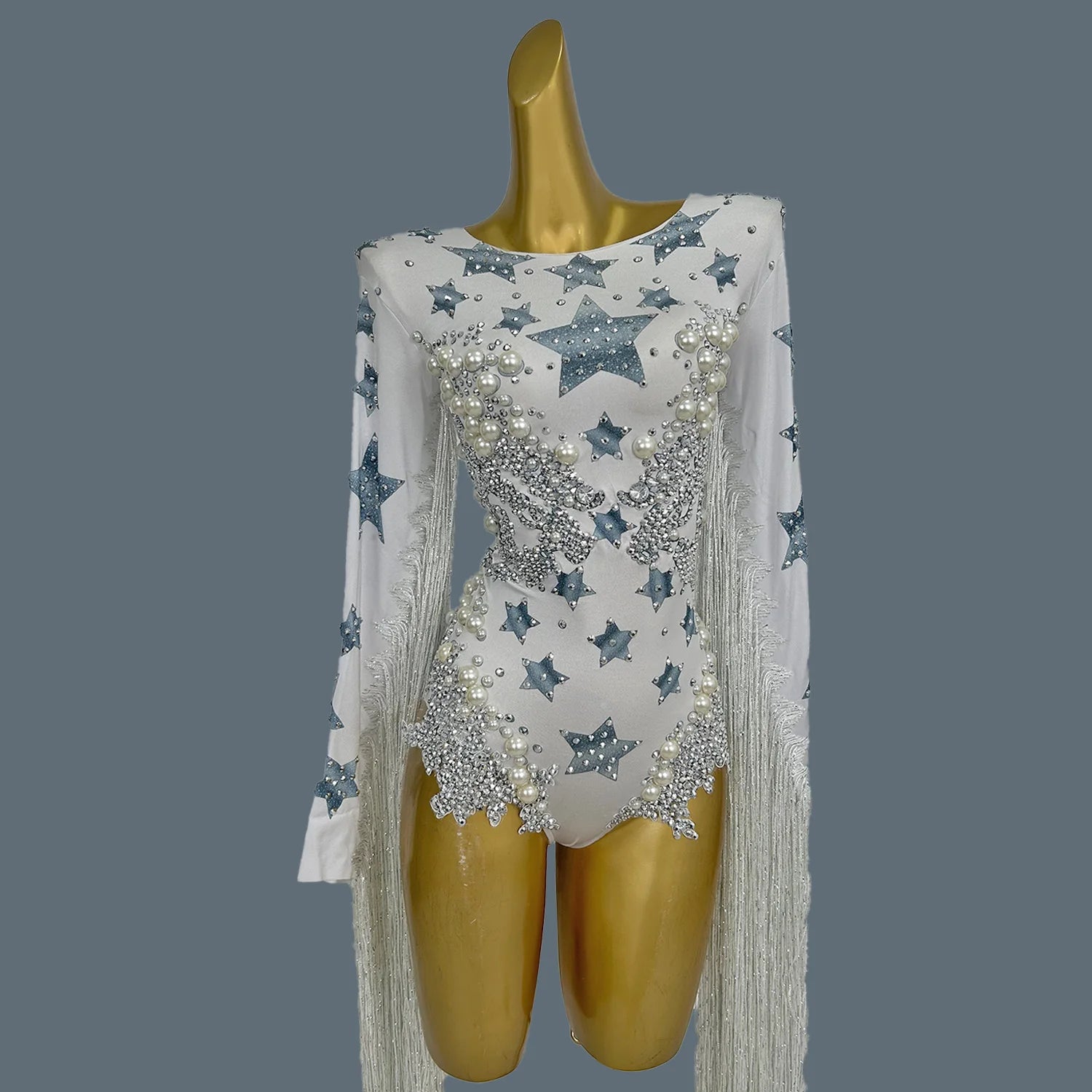 front-view white star fringe bodysuit with pearls sequins and fringes in sparkling design