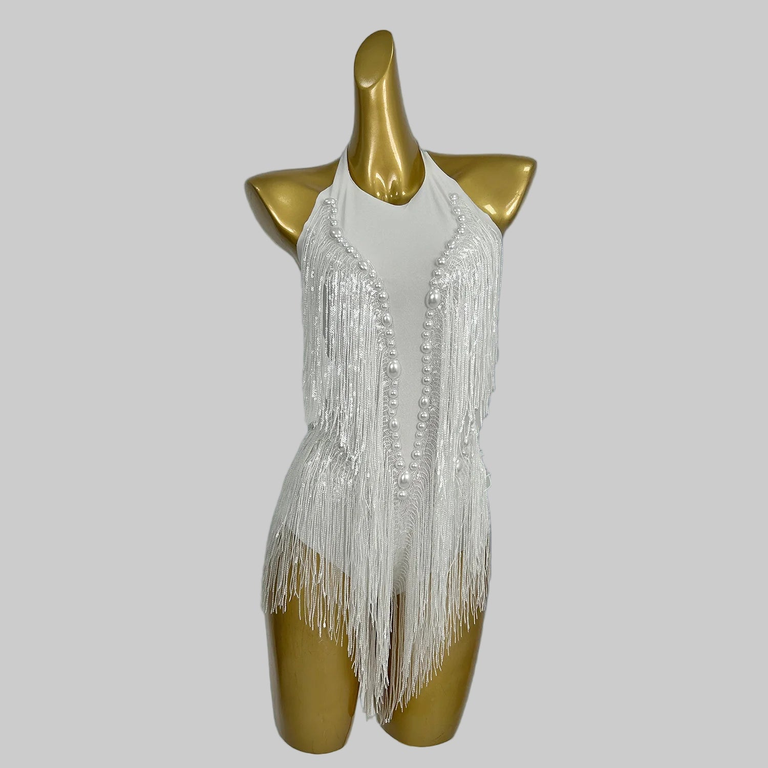 One size White Tassel Pearl Sequin Fringe Bodysuit