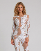 Vivian White Rhinestone Jumpsuit, full-length, sheer spandex with hand-glued rhinestones and sewn sequins.