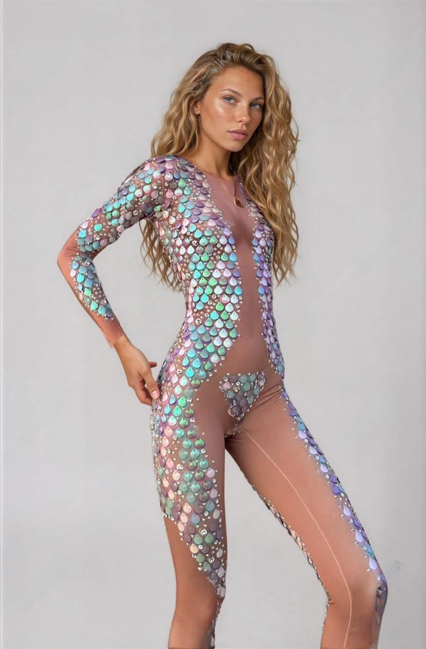Mehrfarbiger Festival-Jumpsuit mit Muscheloptik, irisierenden Schuppenverzierungen und transparenten, hautfarbenen Einsätzen.