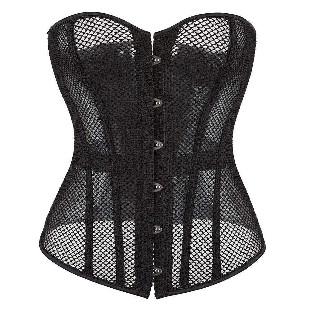 Overbust Corset in black hollow out mesh design, accentuating curves and enhancing festival outfits.