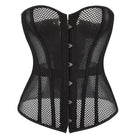 Overbust Corset in black hollow out mesh design, accentuating curves and enhancing festival outfits.