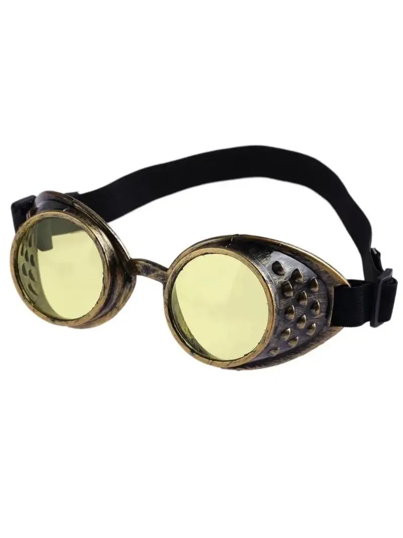 Vintage steampunk goggles with distressed bronze metallic frames, yellow lenses, and a black elastic strap.