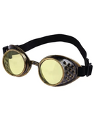 Vintage steampunk goggles with distressed bronze metallic frames, yellow lenses, and a black elastic strap.