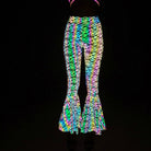 Slim Fit Reflective Bodycon Pants with vibrant rainbow zebra pattern, perfect for rave outfits.