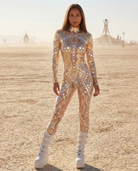 Zoe Beige Sequin Jumpsuit with Rhinestones, a full-body mirror sequin design for festivals.