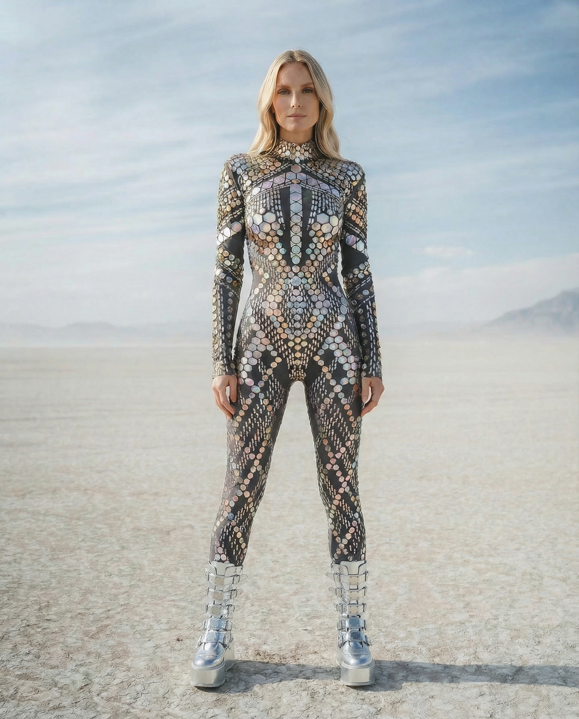 Woman in a black sequin and rhinestone jumpsuit with a high neck and long sleeves.