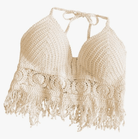 Boho Style Knit Crop Tops in cream color with fringed hem and tie-back straps, perfect for festivals.