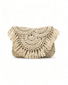 Boho Style Rattan Cross Bag with woven straw texture and fringe detailing, perfect for festival outfits.