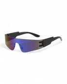 Purple Futuristic Wrap Around Sunglasses with UV protection and sleek design.