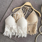 Boho Style Knit Crop Tops in beige and white with fringe detailing, perfect for festival wear.