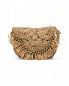 Boho Style Rattan Cross Bag with textured straw rope and fringe design, perfect for festival outfits.