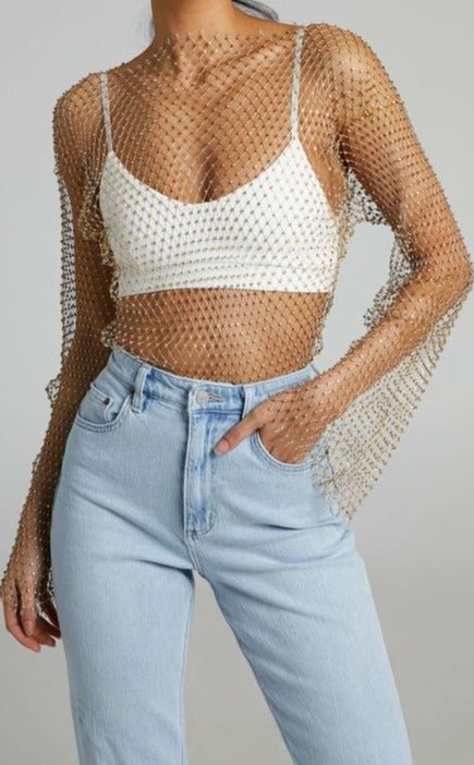 Diamond Mesh Long Sleeve Top with sheer fabric and diamante detailing layered over a bralette.