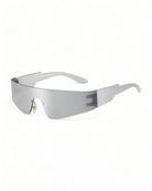 Silver Futuristic Wrap Around Sunglasses with UV protection and anti-scratch coating.
