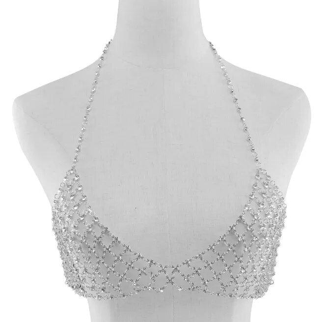 Silver Chain Bra with shimmering embellishments and adjustable straps, perfect for festival fashion.