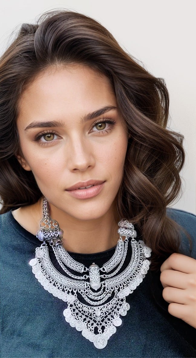 silver Bohemian Necklace Earrings Set festival outfit