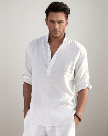 white Boho Style Linen Long Sleeve Shirt men