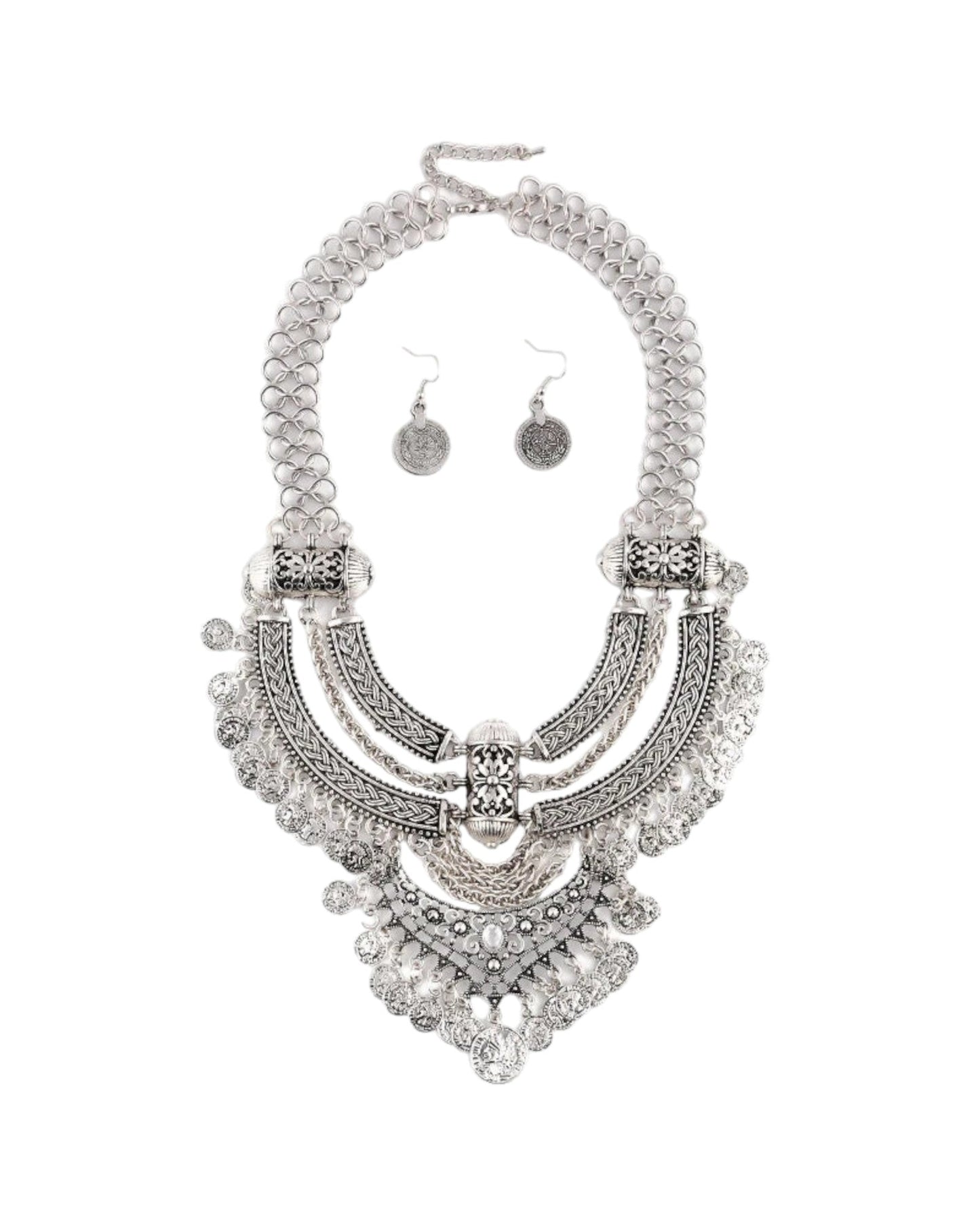 silver Bohemian Necklace Earrings Set festival fashion
