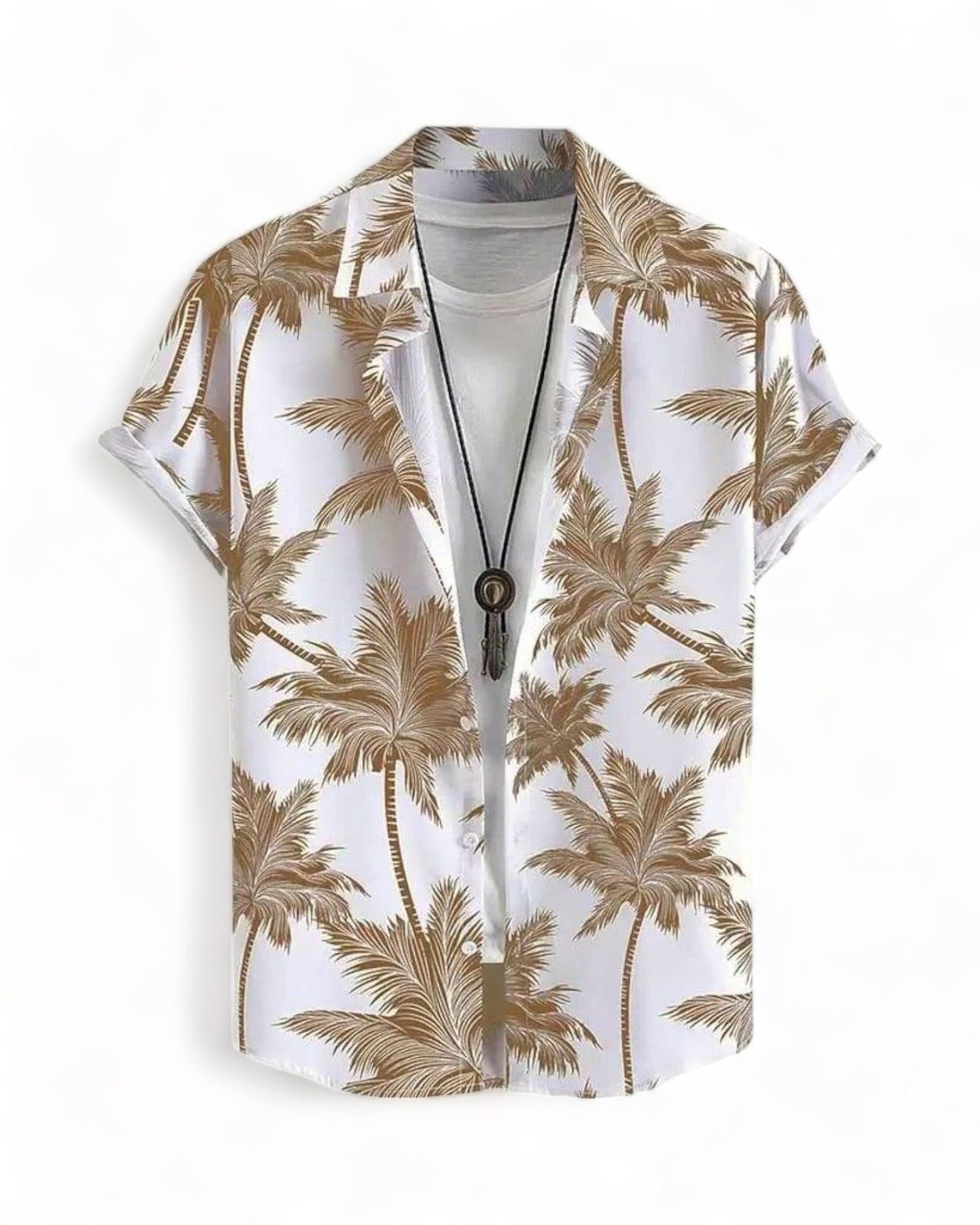 golden short sleeve hawaiian shirt with palm trees