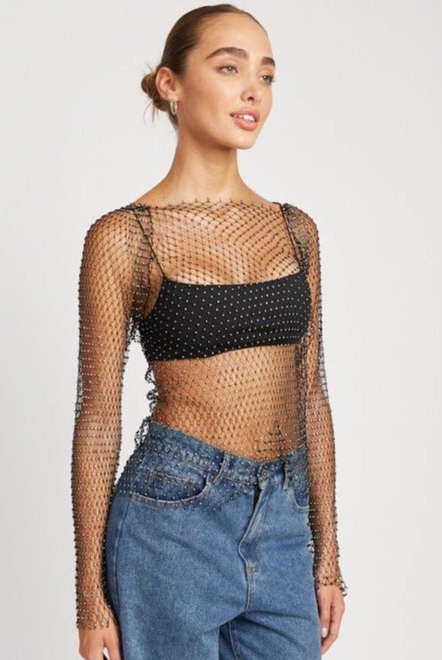 black Diamond Hollow Out Crop Mesh Long Sleeve Top Rhinestones grid tank festival outfit