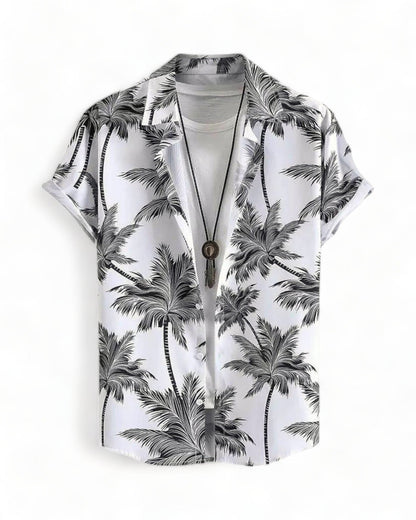 black short sleeve hawaiian shirt with palm trees