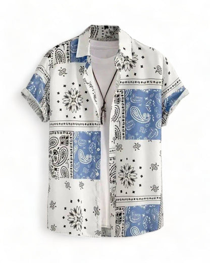 blue white short sleeve hawaiian shirt