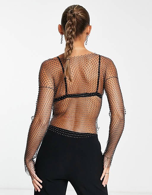 Diamond Hollow Out Crop Mesh Long Sleeve Top Rhinestones grid tank festival outfit