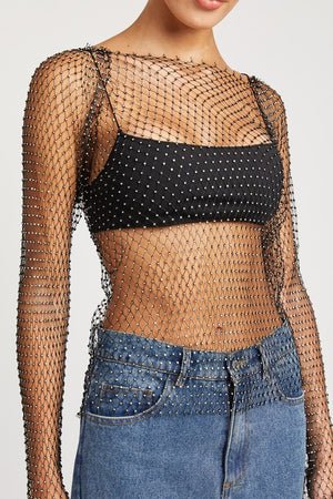 Diamond Hollow Out Crop Mesh Long Sleeve Top Rhinestones grid tank festival outfit