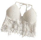 Boho Style Knit Crop Tops in white with crochet design and fringed hem for festival wear.